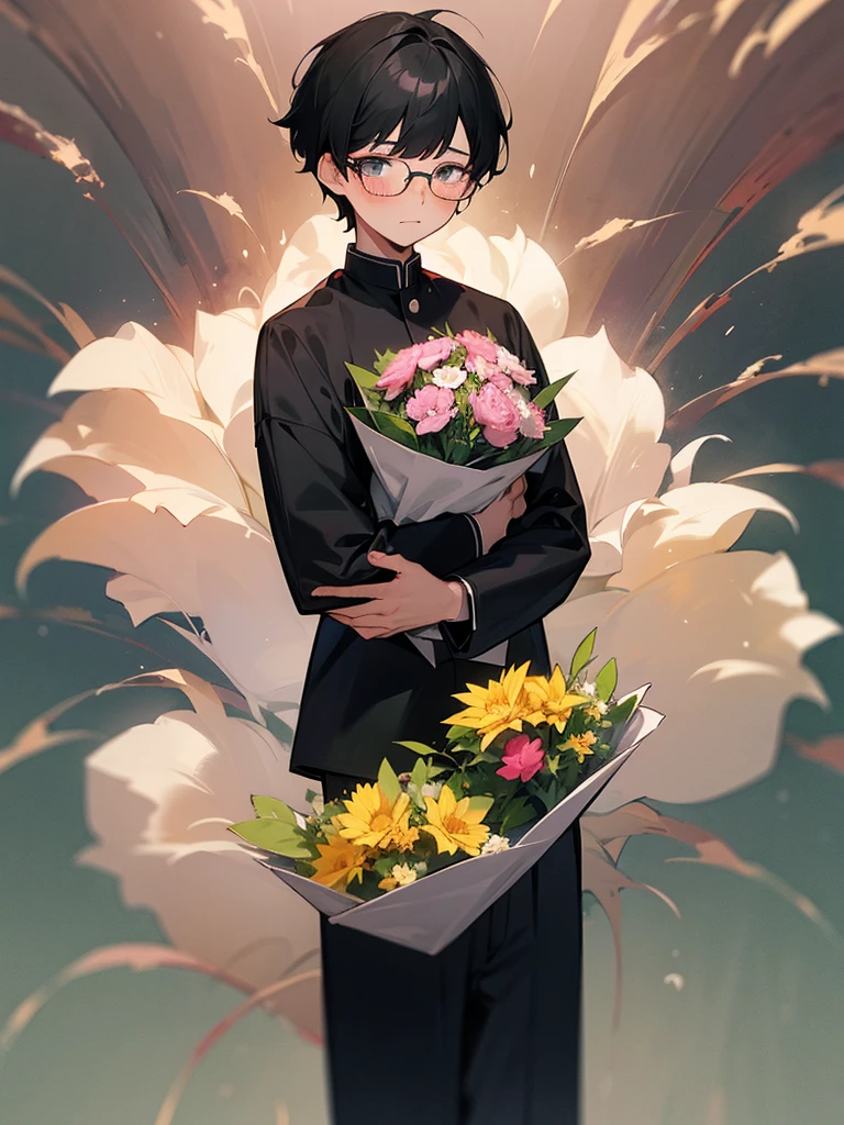 A boy with short black hair, wearing glasses, a long-sleeved seifuku shirt, long pants, standing with a beautiful bouquet of flowers, blushing, confessing his love.