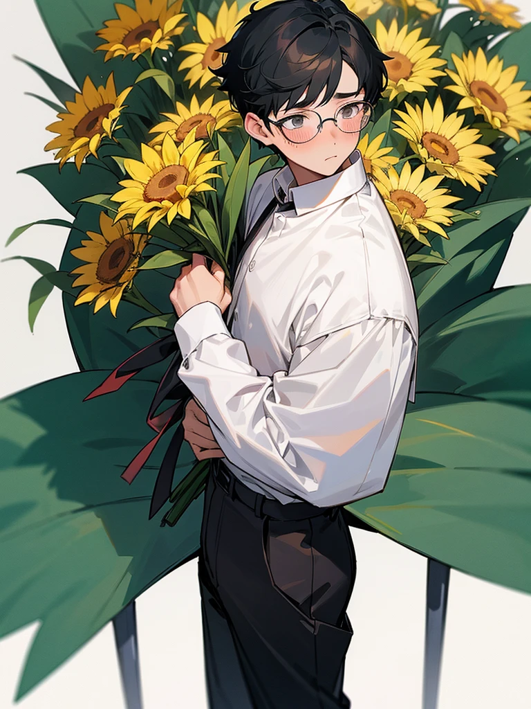 A boy with short black hair, wearing glasses, a long-sleeved seifuku shirt, long pants, standing with a beautiful bouquet of flowers, blushing, confessing his love.