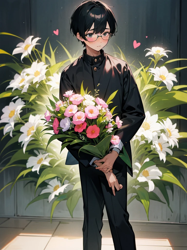 A boy with short black hair, wearing glasses, a long-sleeved seifuku shirt, long pants, standing with a beautiful bouquet of flowers, blushing, confessing his love.