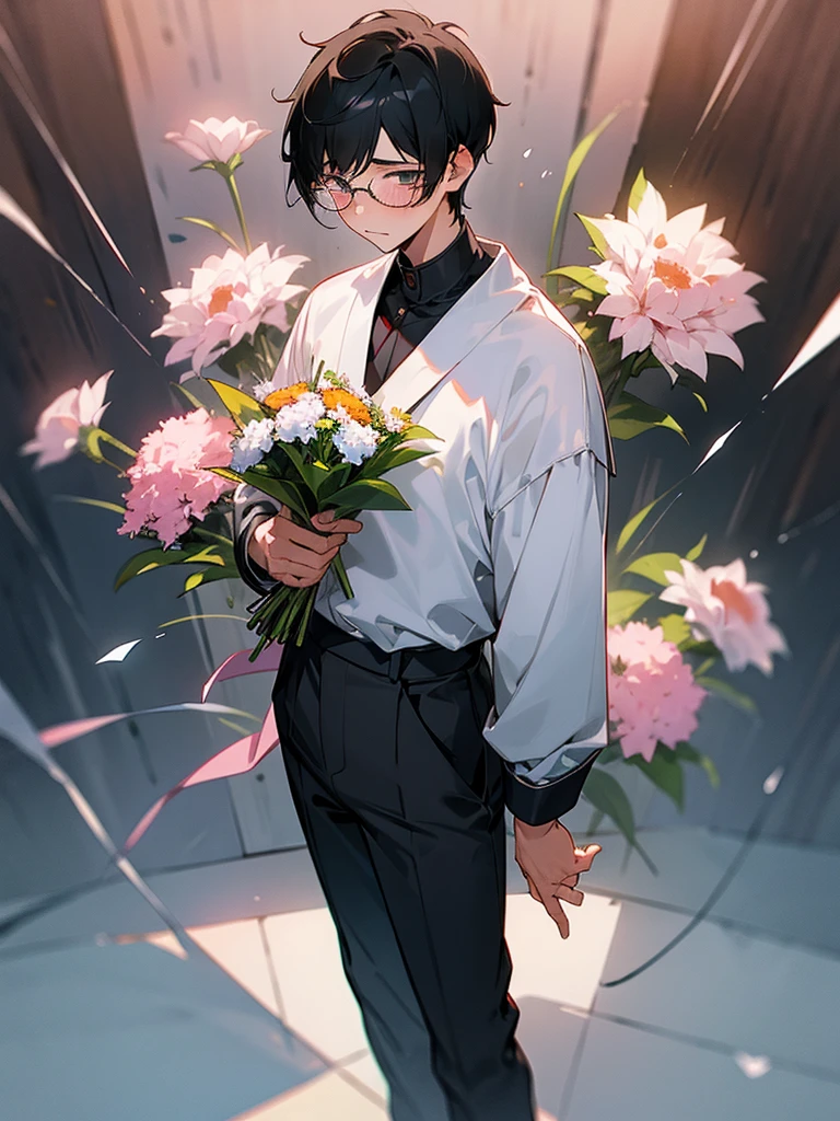 A boy with short black hair, wearing glasses, a long-sleeved seifuku shirt, long pants, standing with a beautiful bouquet of flowers, blushing, confessing his love.