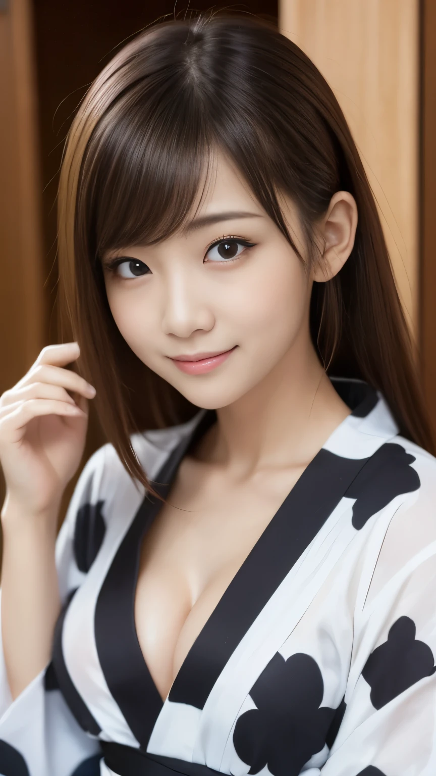 bright表情、Realistic:1.32、Highest quality、Ultra-high resolution、最も美しい日本のgirlの写真、Cute and beautiful facial details、Small face、美しいbangs、、Shine、Shine肌、Hair gets tangled in the face、(girl１Only people:1.3)、顔まで伸びるbangs、bangs、Hair between the eyes、Attractive brown silky hair、bright、彼女の澄んだ瞳は魅力的にShine、Cute pose、Highest quality、((世界一可愛いgirl))、Japanese、((Yukata:1.4))、((Upper Bodyの浴衣を開く:1.4))、Newest Brands、(ponytail:1.3)、(Showing her boobs:1.3)、Nice and cute、An innocent smile、nice smile、Cleavage、Underarm、(Big Breasts:1.4)、(Showing erect nipples:1.5)、Brown Hair、Small waist、Beautiful eyes in every detail、View your viewers、Upper Body、Face close-up、Front view、Bedroom at night