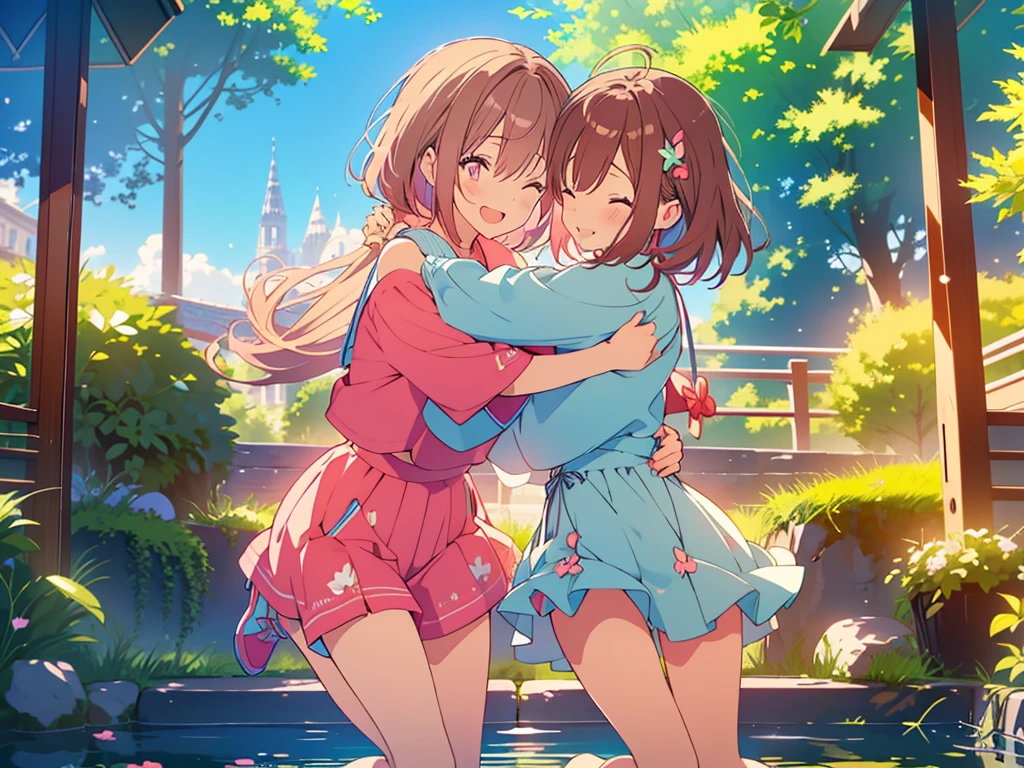 kawaii, anime, Cute, hyper quality, highly detailed, 8k, Clarity, Two girls with brown hair and pink hair, One person has long dark brown hair and green eyes., The other is a young girl with a bright pink short bob and scarlet eyes., Hug each other in Europe's natural water gardens, shed tears, A touching reunion, warm atmosphere, clear blue sky, jump on, whole body, clear air, planted flowers and greenery, Draw facial expressions in detail, highlight on eyes, Close your eyes and cry and laugh, pull perspective, hoodie, Uplifting, jump and hug, Draw the whole body of both of them, light dances, pink hair, Netherlands, pick up a , A small butterfly of light dances, with pink hair and short bob,
