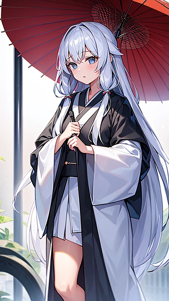 1girl, umbrella, kimono, white long gair