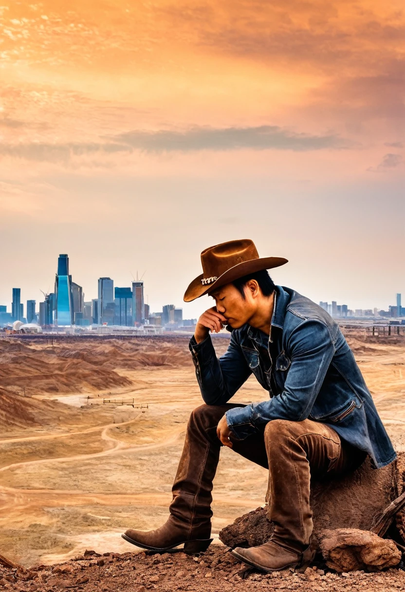 wasteland，老西部牛仔sit在石头上思考，thinker，Hand on cheek，(sit:1.2)，Wear a cowboy hat，Rusty，The skyline in the distance