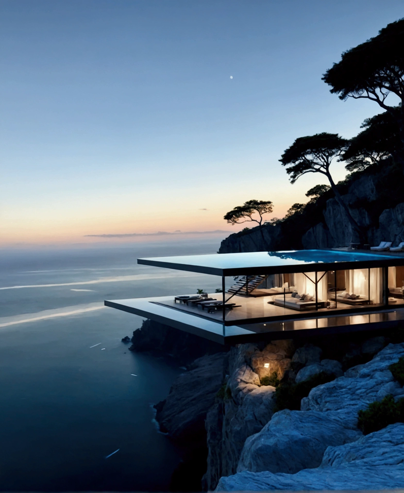 
include different perspective- inside the house view- outside the house view- The image showcases a breathtaking modern architectural marvel set against a serene ocean backdrop. The building features an infinity pool on an upper deck that seamlessly blends with the horizon, creating a mesmerizing visual effect. Below this level is a spacious, open-air living area with minimalist furniture, including lounge chairs, a coffee table, and a sofa, all designed to maximize comfort while maintaining a sleek aesthetic.

The structure is perched on the edge of a cliff, offering stunning panoramic views of the ocean and distant mountains. A large tree nearby adds a touch of natural beauty and contrast to the modern design. The use of glass walls allows for unobstructed views and an abundance of natural light, enhancing the feeling of being immersed in the surrounding landscape.

Overall, the image exudes a sense of tranquility, luxury, and harmony with nature, making it an ideal setting for relaxation and contemplation.