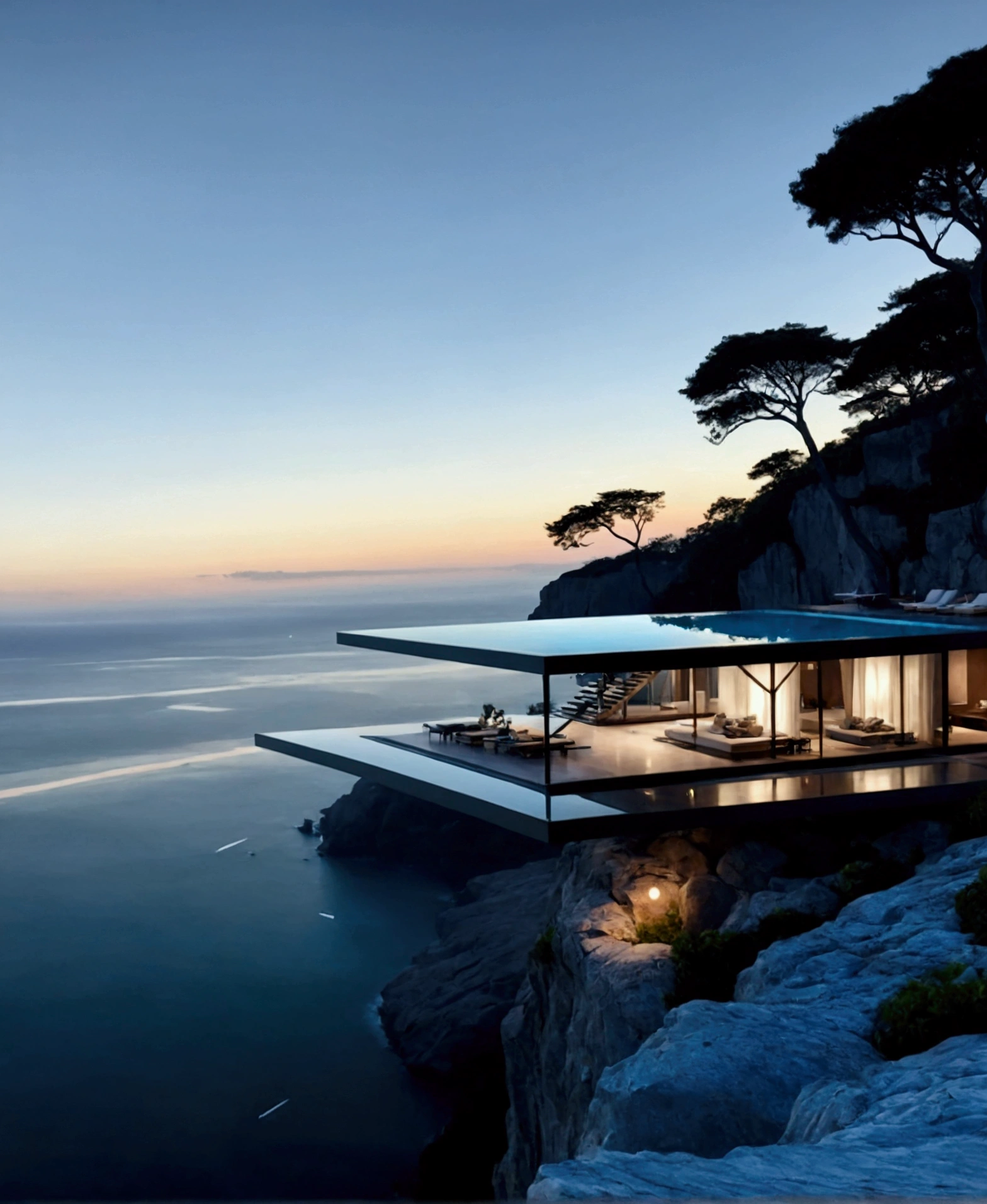 
include different perspective- inside the house view- outside the house view- The image showcases a breathtaking modern architectural marvel set against a serene ocean backdrop. The building features an infinity pool on an upper deck that seamlessly blends with the horizon, creating a mesmerizing visual effect. Below this level is a spacious, open-air living area with minimalist furniture, including lounge chairs, a coffee table, and a sofa, all designed to maximize comfort while maintaining a sleek aesthetic.

The structure is perched on the edge of a cliff, offering stunning panoramic views of the ocean and distant mountains. A large tree nearby adds a touch of natural beauty and contrast to the modern design. The use of glass walls allows for unobstructed views and an abundance of natural light, enhancing the feeling of being immersed in the surrounding landscape.

Overall, the image exudes a sense of tranquility, luxury, and harmony with nature, making it an ideal setting for relaxation and contemplation.