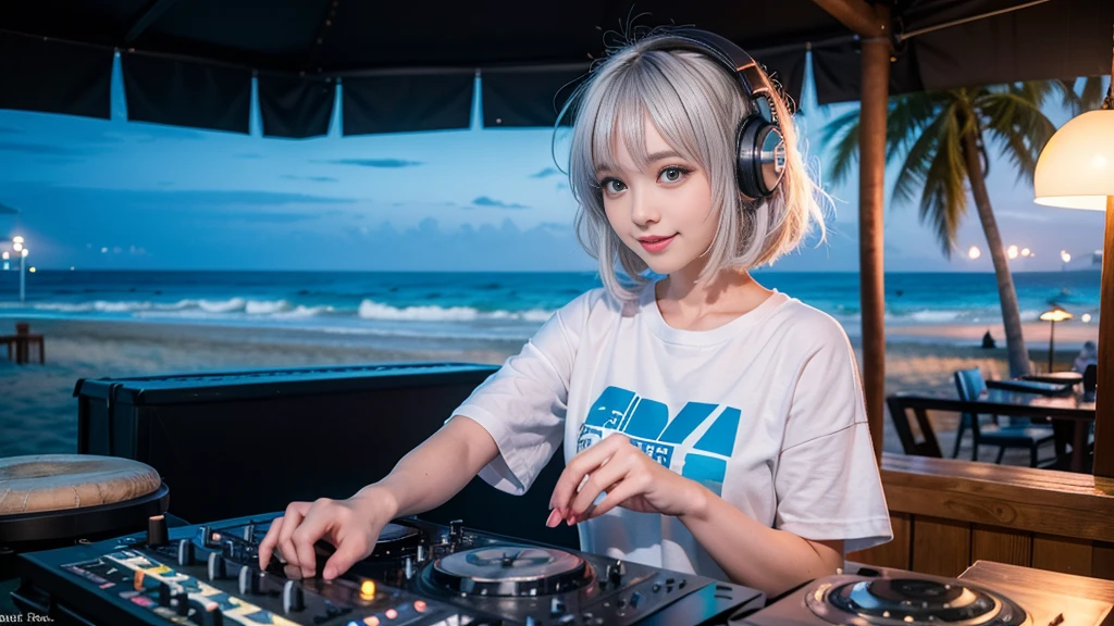 (ultra - detailed, 16K resolution, Cinema lenses, rendering by octane), (high resolution:1.18), intricate detail, (masterpiece:1.1), (highest quality:1.1), (1girl, portrait, white hair, blue eyes, short hair, detailed eyes),Wearing silver DJ headphones, sequined T-shirt, (in the beach:1.5), (Iconic hip-hop pop costumes:1.3), Smile while DJing on stage, DJ studio next to the beach, ((A stylish DJ stage on a hill overlooking the beach)), full body shot, Photorealistic photography by Sunshine, (cute round face:1.3), perfect fingers, five fingers, beautiful hands, perfect hands. master peace, cute smile, Fixhand.