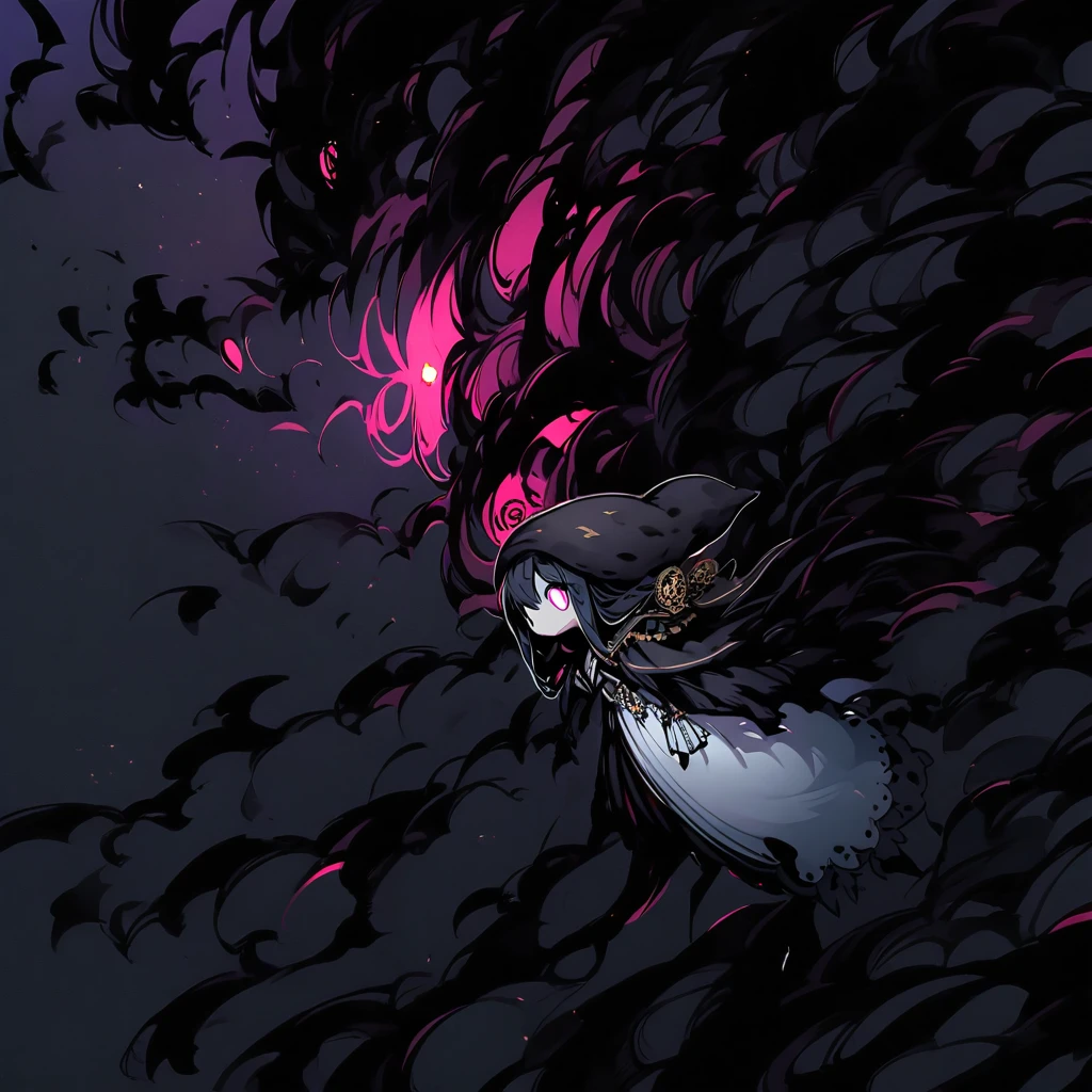 (well done: 1) small creature made completely of darkness, black hair, long straight hair, black sheep ears, black sheep tail, large hat, large white eyes, black poncho with hood, white dress stripped underneath, black boots .