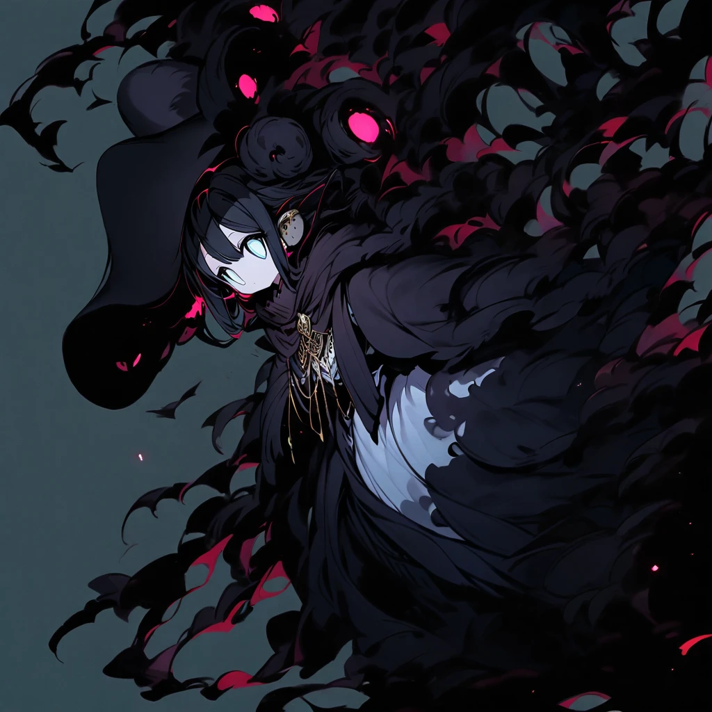 (well done: 1) small creature made completely of darkness, black hair, long straight hair, black sheep ears, black sheep tail, large hat, large white eyes, black poncho with hood, white dress stripped underneath, black boots .