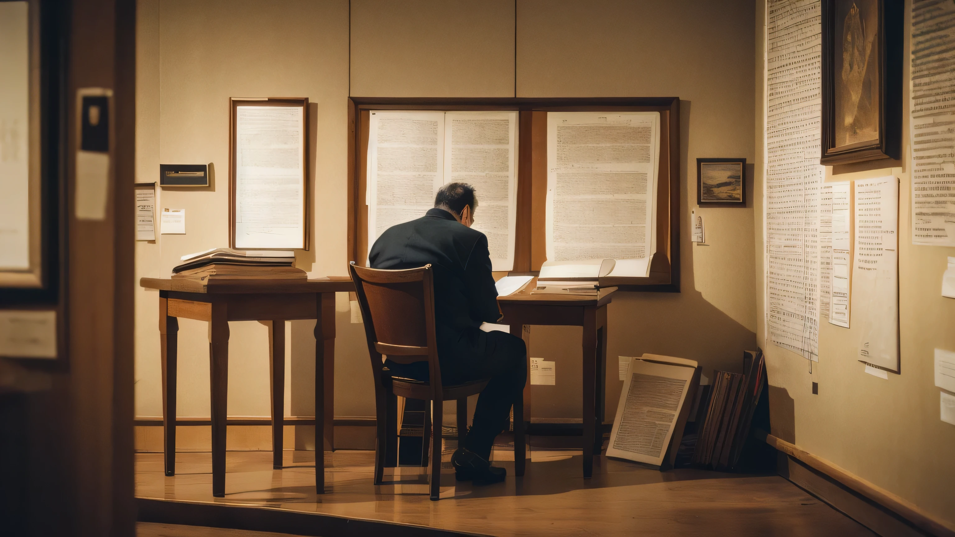 A middle-aged man sitting in a chair studying the Bible、Historical documents、Bible Manuscripts、Outdated、museum、high resolution