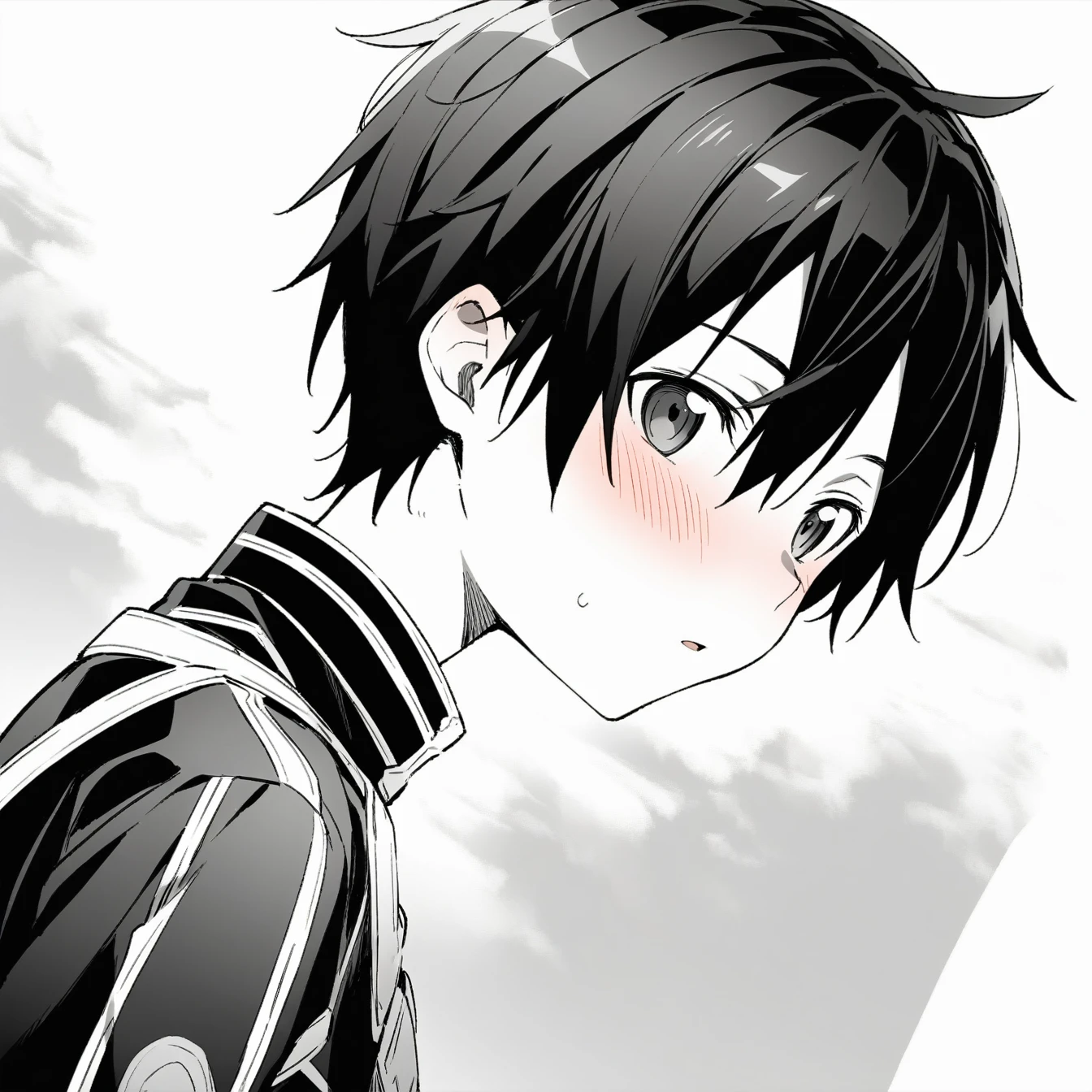 1 Boy, Kirito,Sword Art Online,,Solitary, Viewers, Pure white background,blush, Eye,breathe, avatar,Half Body,Comic style without color,angle, masterpiece, best quality