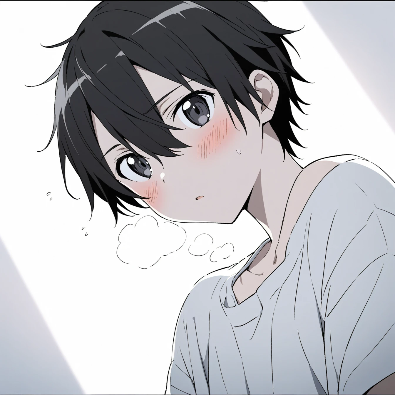 1 Boy, Kirito,Sword Art Online,,Solitary, Viewers, Pure white background,blush, Eye,breathe, avatar,Half Body,Comic style without color,angle, masterpiece, best quality