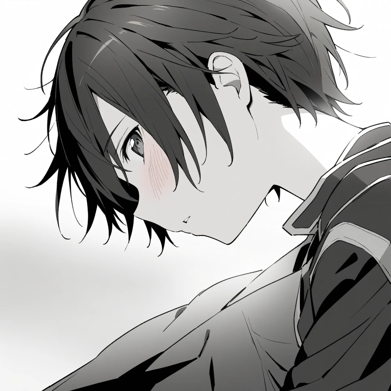 1 Boy, Kirito，Sword Art Online，，Solitary, Viewers, Pure white background，blush, Eye,breathe, avatar，Half Body，Comic style without color，angle, masterpiece, best quality