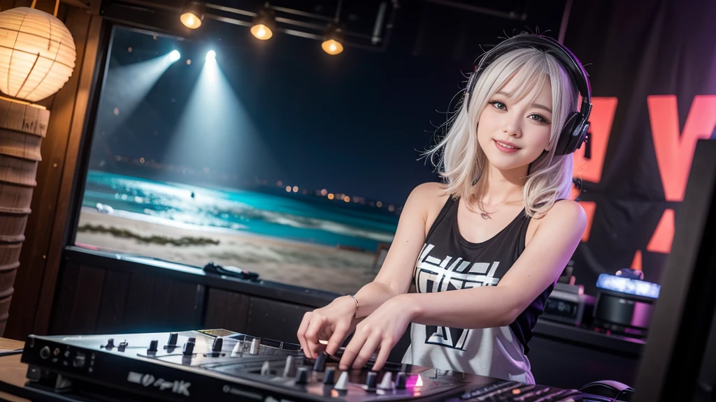 (ultra - detailed, 16K resolution, Cinema lenses, rendering by octane), (high resolution:1.18), intricate detail, (masterpiece:1.1), (highest quality:1.1), (1girl, portrait, white hair, blue eyes, short hair, detailed eyes),Wearing silver DJ headphones, sequined T-shirt, (in the beach:1.5), (Iconic hip-hop pop costumes:1.3), Smile while DJing on stage, DJ studio next to the beach, ((A stylish DJ stage on a hill overlooking the beach)), full body shot, Photorealistic photography by Sunshine, (cute round face:1.3), perfect fingers, five fingers, beautiful hands, perfect hands. master peace, cute smile, Fixhand.