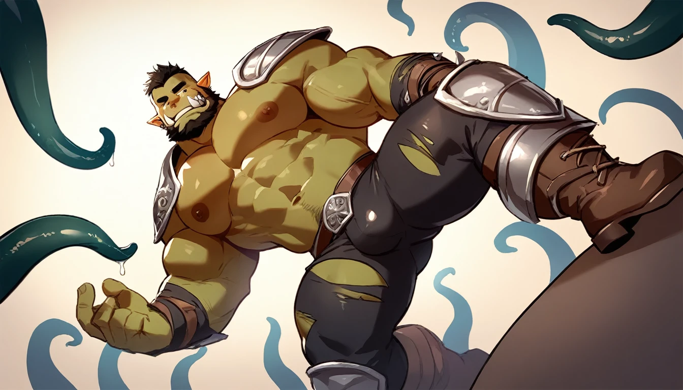 score_9, score_8_up, score_7_up, solo, male focus, muscle male, young , orc, green skin, tusks, beard, , micro armor , shoulder armor , strip camaged black tight )) , ((( tentacles ))) , full body , armor boots , flex muscles , laying spread legs , mastear , ashamed face, langle