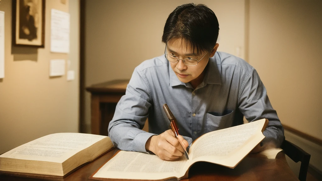 A middle-aged man sitting in a chair studying the Bible、Historical documents、Bible Manuscripts、Outdated、museum、high resolution