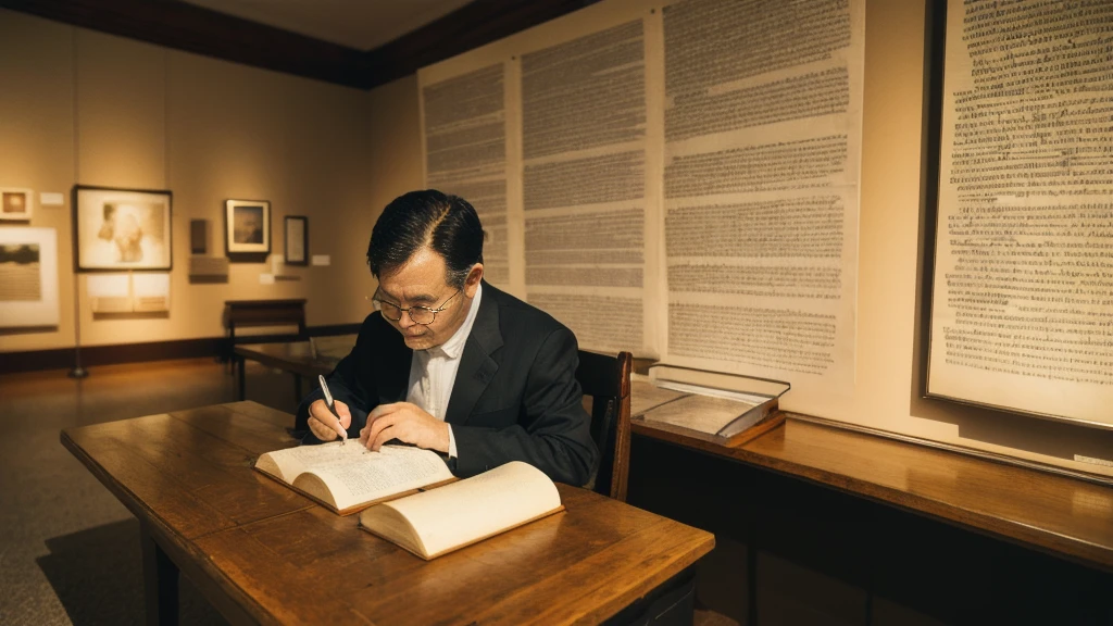 A middle-aged man sitting in a chair studying the Bible、Historical documents、Bible Manuscripts、Outdated、museum、high resolution