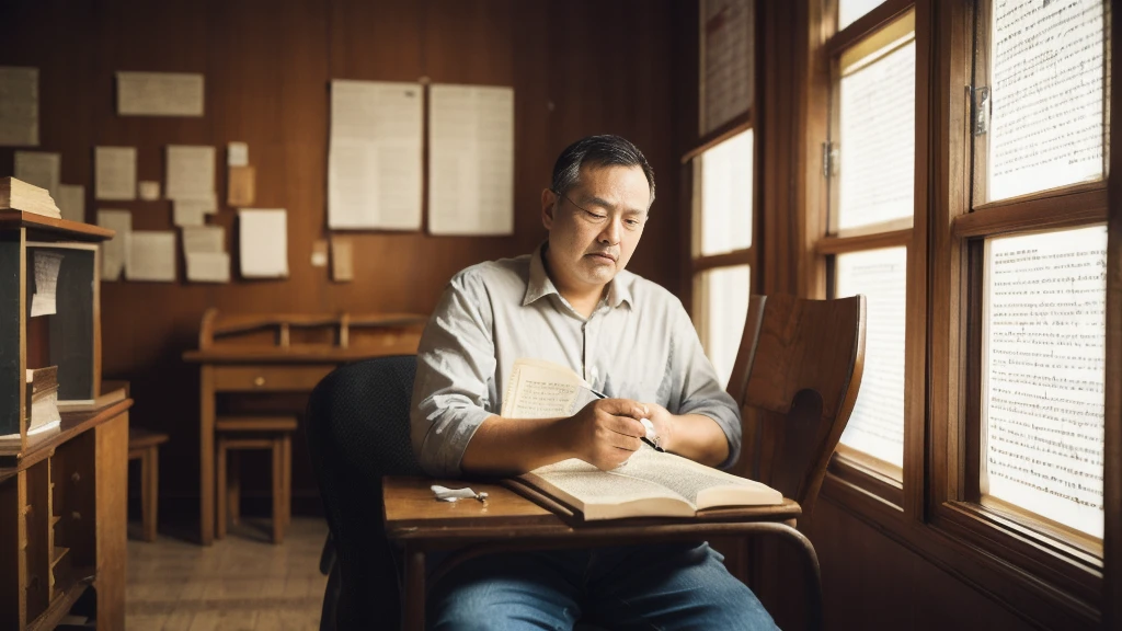 A middle-aged man sitting in a chair studying the Bible、Historical documents、Bible Manuscripts、Outdated、museum、high resolution