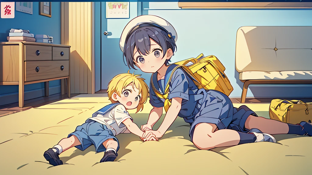 (((Mother and little boy)))、(((Highest quality、Masterpiece、Official Art、The best dynamic composition)))、Anime Style、Very detailed、8K high resolution、Holding hands and going to kindergarten with mother、The boy is carrying a rectangular yellow bag over his shoulder.、Navy blue sailor suit and navy blue shorts、White socks、Diamond Hat、