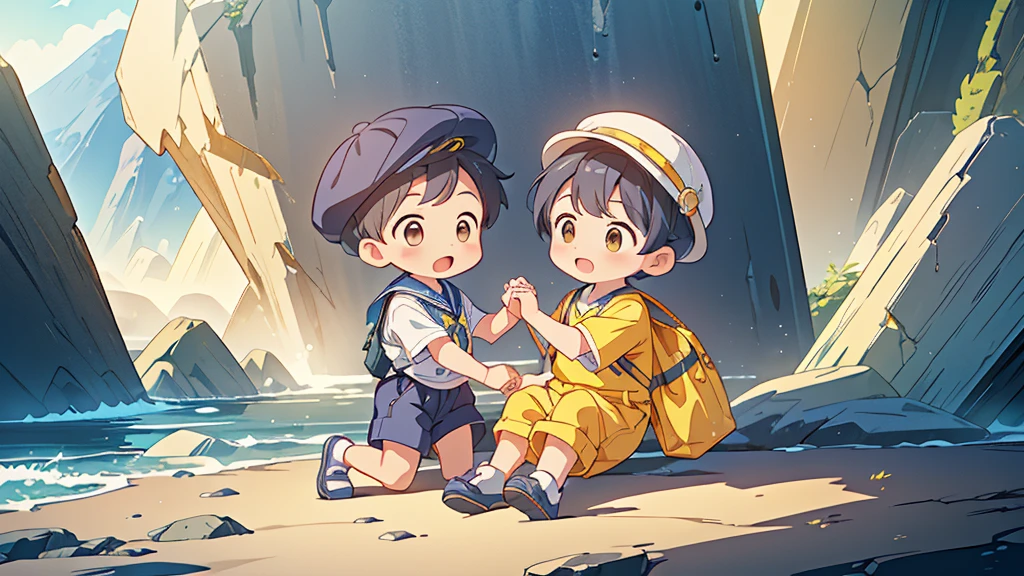 (((Mother and little boy)))、(((Highest quality、Masterpiece、Official Art、The best dynamic composition)))、Anime Style、Very detailed、8K high resolution、Holding hands and going to kindergarten with mother、The boy is carrying a rectangular yellow bag over his shoulder.、Navy blue sailor suit and navy blue shorts、White socks、Diamond Hat、