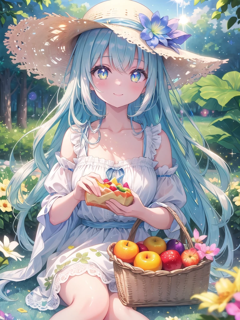 ((8k, best quality, master piece: 1.3)),super high resolution,(1 girl, solo), (colorshift eyes, hyperdetailed, expressive sparkling, glitter, glowing eyes), ultra detailed eyes, ultra-detailed face, random hair, ((pastel color)), A woman is having a picnic in a lush park. Colorful picnic sheets are spread out under the blue sky, with fruit and sandwiches laid out. She has short silver hair, a floral sundress, and a straw hat. She is smiling and relaxed as she enjoys her food, A stunning scene with a vibrant rainbow lens flare effect. The light source is positioned behind the main subject, creating a spectrum of colors that spread across the image. The light reflects off various surfaces, adding a magical and dreamy quality to the scene. The background is slightly blurred to emphasize the glowing and shimmering effect of the lens flare.