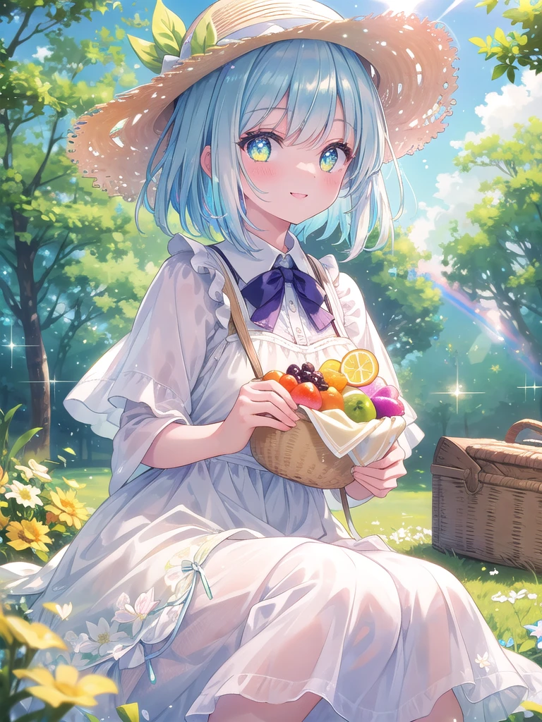 ((8k, best quality, master piece: 1.3)),super high resolution,(1 girl, solo), (colorshift eyes, hyperdetailed, expressive sparkling, glitter, glowing eyes), ultra detailed eyes, ultra-detailed face, random hair, ((pastel color)), A woman is having a picnic in a lush park. Colorful picnic sheets are spread out under the blue sky, with fruit and sandwiches laid out. She has short silver hair, a floral sundress, and a straw hat. She is smiling and relaxed as she enjoys her food, A stunning scene with a vibrant rainbow lens flare effect. The light source is positioned behind the main subject, creating a spectrum of colors that spread across the image. The light reflects off various surfaces, adding a magical and dreamy quality to the scene. The background is slightly blurred to emphasize the glowing and shimmering effect of the lens flare.