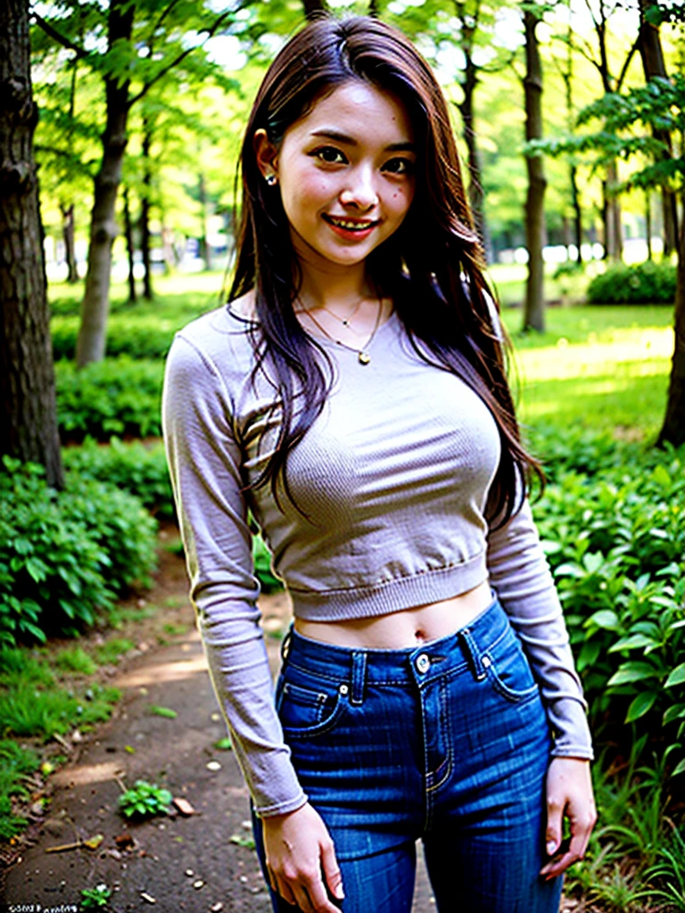 Fantastic, high resolution, person 2. Beautiful, neat, 25 years old, great style, long hair, fashionable, in the woods, smiling, half pants, shirt, bosom 1.2.
