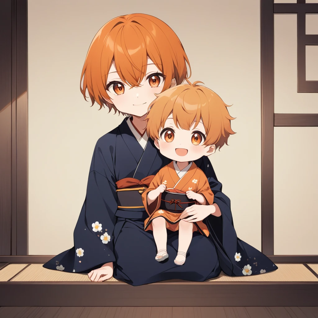 Orange Hair, Orange eyes,short hair,smile, a bit,maleの子一人,a bitキャラ,anime,whole body,mini,male,小さいmaleの子,a bitお漏らし ,kimono,Sitting