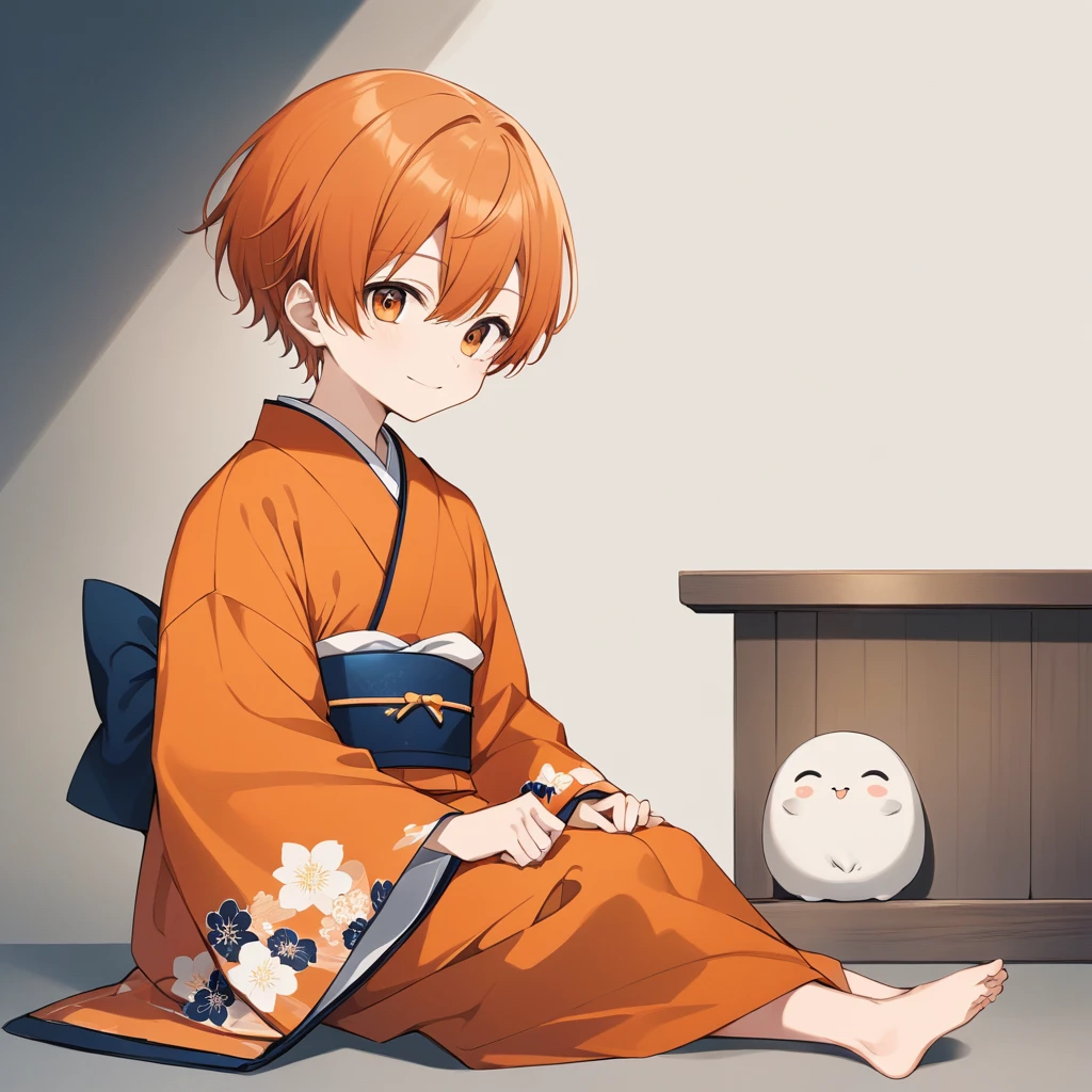 Orange Hair, Orange eyes,short hair,smile, a bit,maleの子一人,a bitキャラ,anime,whole body,mini,male,小さいmaleの子,a bitお漏らし ,kimono,Sitting