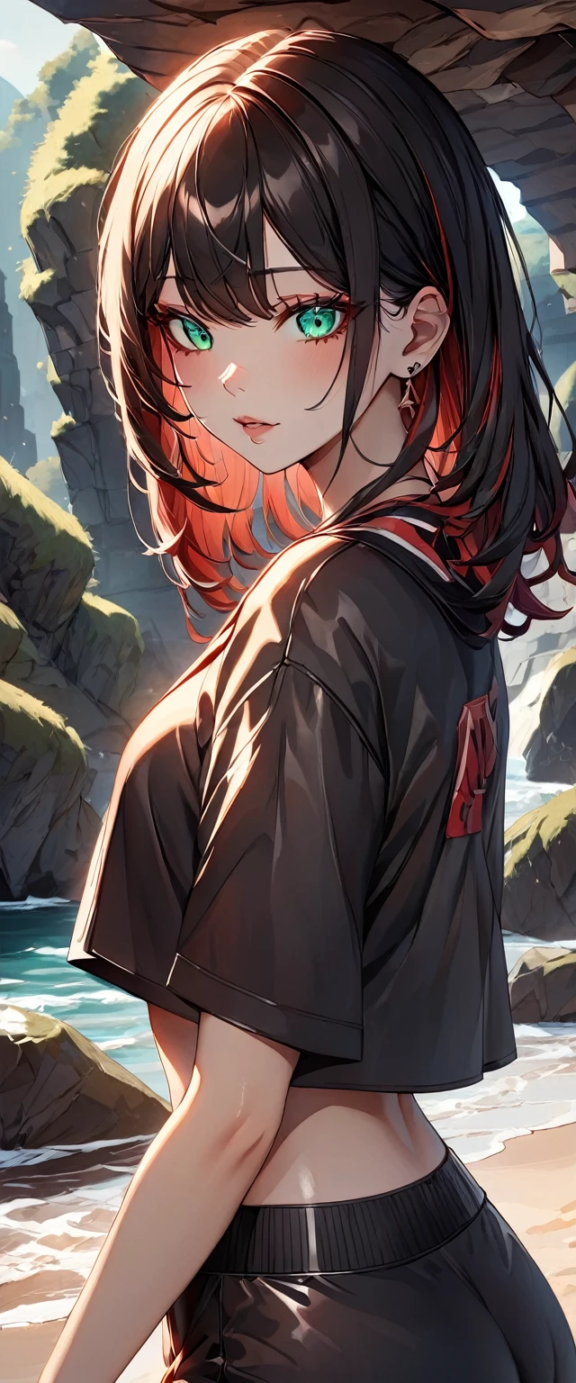 Photo of a girl with natural skin, ((Baby Face)), Round face, A girl wearing mainly black and red, Upper Body, Seaside cave, The light is shining in, High Twintails, Black hair with red mesh, Sharp eyes with red eyeshadow, Blue-green eyes, Shining eyes, A thin, upturned nose, Well-shaped lips, ((crop top overhang, Short sleeve, Black clothes, Thighs, Glamour body)), Makeup, Exquisitely crafted with the utmost attention to detail, Vibrant, amazing, Smooth, Cinematic, 4K, Backlight, (()), Shallow depth of field, ((Detailed eyes:1.3, Detailed lips:1.3, high quality, )), masterpiece, Super detailed images, High quality