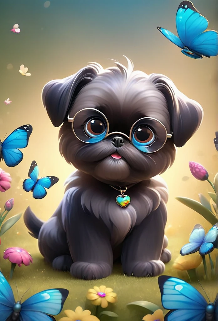 2 adorable very small very black Shih Tzu puppies with big bright blue eyes wearing sunglasses playing at park butterflies and flowers in background 3D Pixar style
