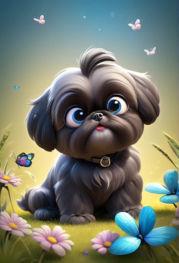 2 adorable very small very black Shih Tzu puppies with big bright blue eyes wearing sunglasses playing at park butterflies and flowers in background 3D Pixar style