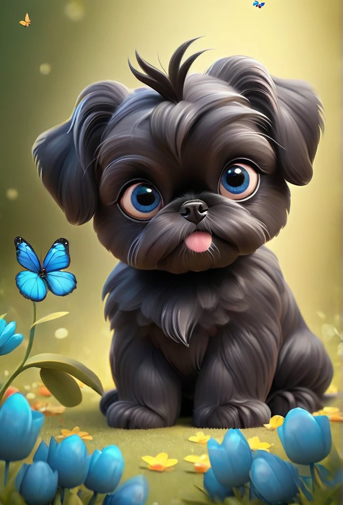 2 adorable very small very black Shih Tzu puppies with big bright blue eyes wearing sunglasses playing at park butterflies and flowers in background 3D Pixar style