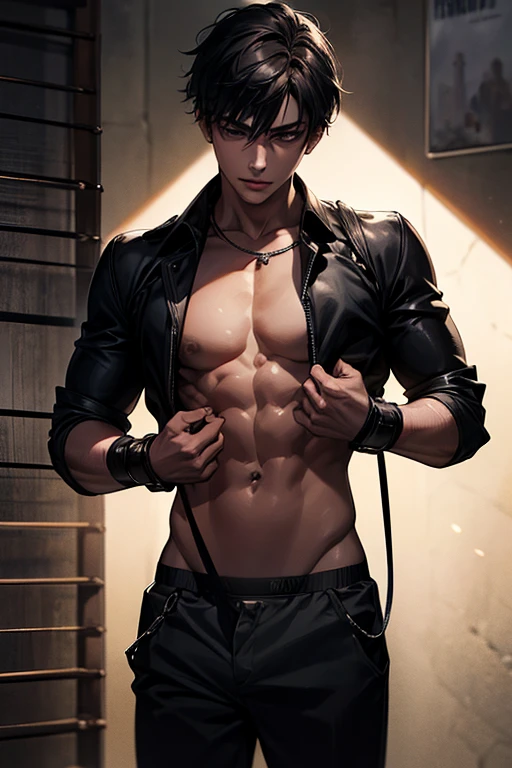a young boy in his early s, handcuffed, leashed, wearing underwear, slave, prison, high quality, realistic, photorealistic, extremely detailed, 8k, masterpiece, cinematic lighting, dramatic lighting, moody lighting, abs