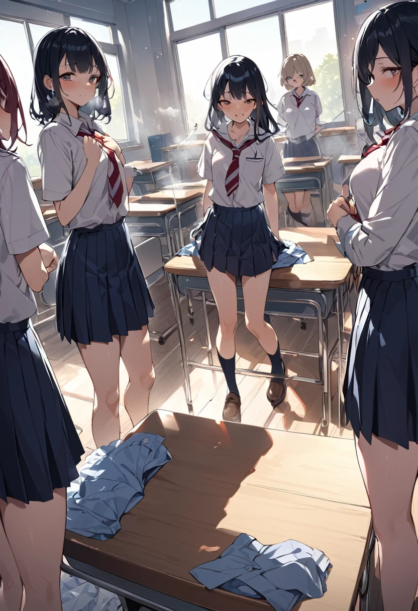 high resolution、masterpiece、high school、classroom、10 schoolgirls、Everyone pulls up their skirts、All of them are showing us their underwear.、vapor、Steamy