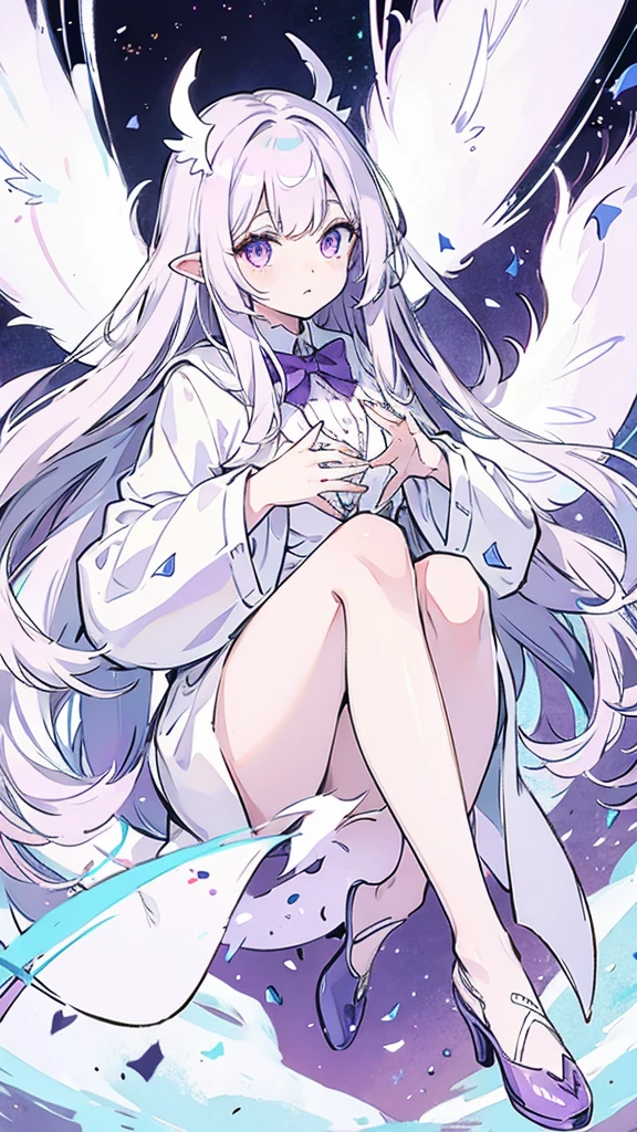 Moth woman, four arms, fluffy white coat, moth wings, floating, pale white skin, purple eyes, curled legs, hands on cheeks