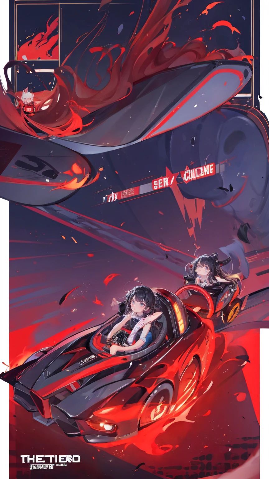 vector cartoon poster of an extremely fast rollercoaster with screaming girls riding it, on the right side there is "THEITER's FOLISIONالتزام Named CARDHEAD_dj" and below in small letters next to them "Lcrast". The background color should be red, the overall atmosphere is dark, gloomy, the theme focuses around stock market crash and falling Jeoppersa mediums ide as stock charts