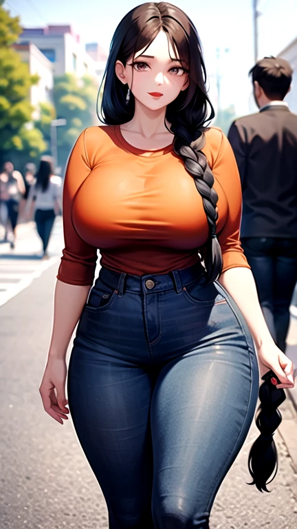 perfect facial, female adult with very long black braid hairstyles and very big,with gray eyes,with red lips , with Big Chest ,with upper clothes orange t-shirts and jacket blue ,with lower clothes Black Black jeans pants,with curvy body .