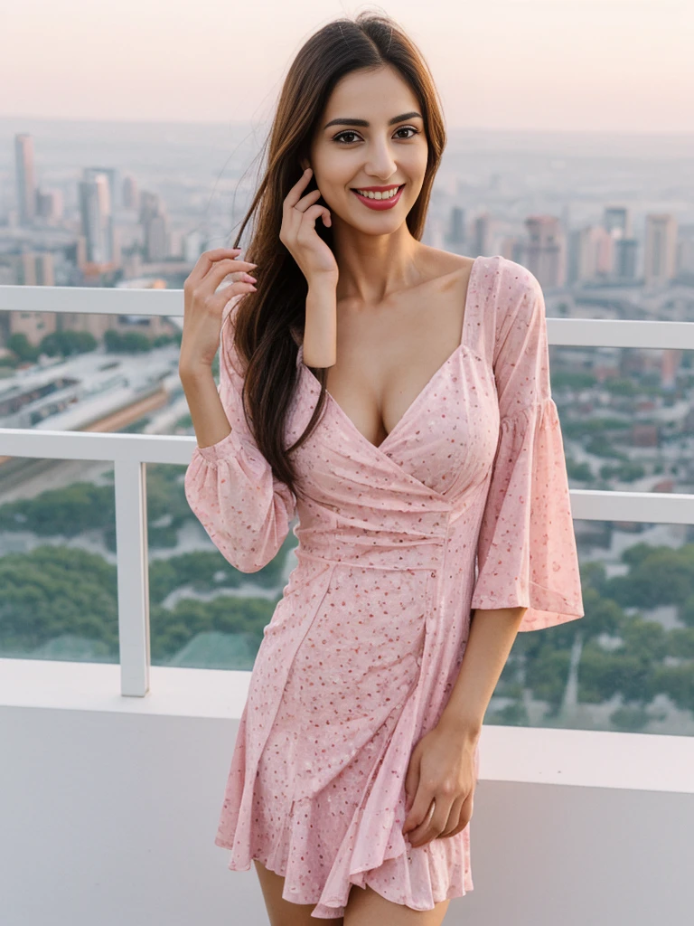 Noura, 1girl, solo, ((Qatari woman)), consistent face and body, ((MILF)), ((30 years old)), (mature), ((slim)), ((Qatari face)), (Qatari nose), (Qatari lips), ((long loose hair)), upper body and upper legs, (background: overlooking city flower field at sunset), BREAK, (wearing light-pink printed Flare Dress), smirking, teasing
