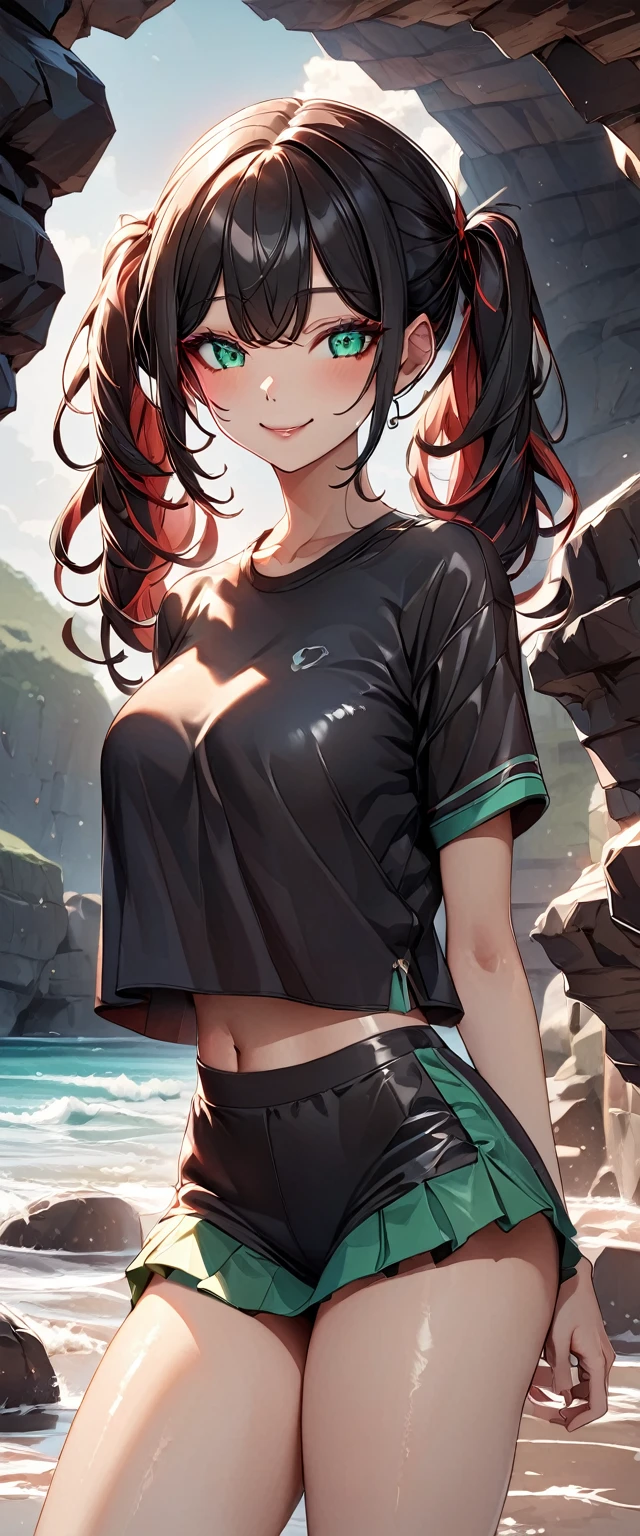 Photo of a girl with natural skin, smile, ((Baby Face)), Round face, A girl wearing mainly black and red, Cowboy Shot, Seaside cave, The light is shining in, High Twintails, Black hair with red mesh, Sharp eyes with red eyeshadow, Blue-green eyes, Shining eyes, A thin, upturned nose, Well-shaped lips, ((crop top overhang, Short sleeve, Black clothes, Thighs, Glamour body)), Makeup, Exquisitely crafted with the utmost attention to detail, Vibrant, amazing, Smooth, Cinematic, 4K, Backlight, (()), Shallow depth of field, ((Detailed eyes:1.3, Detailed lips:1.3, high quality, )), masterpiece, Super detailed images, High quality