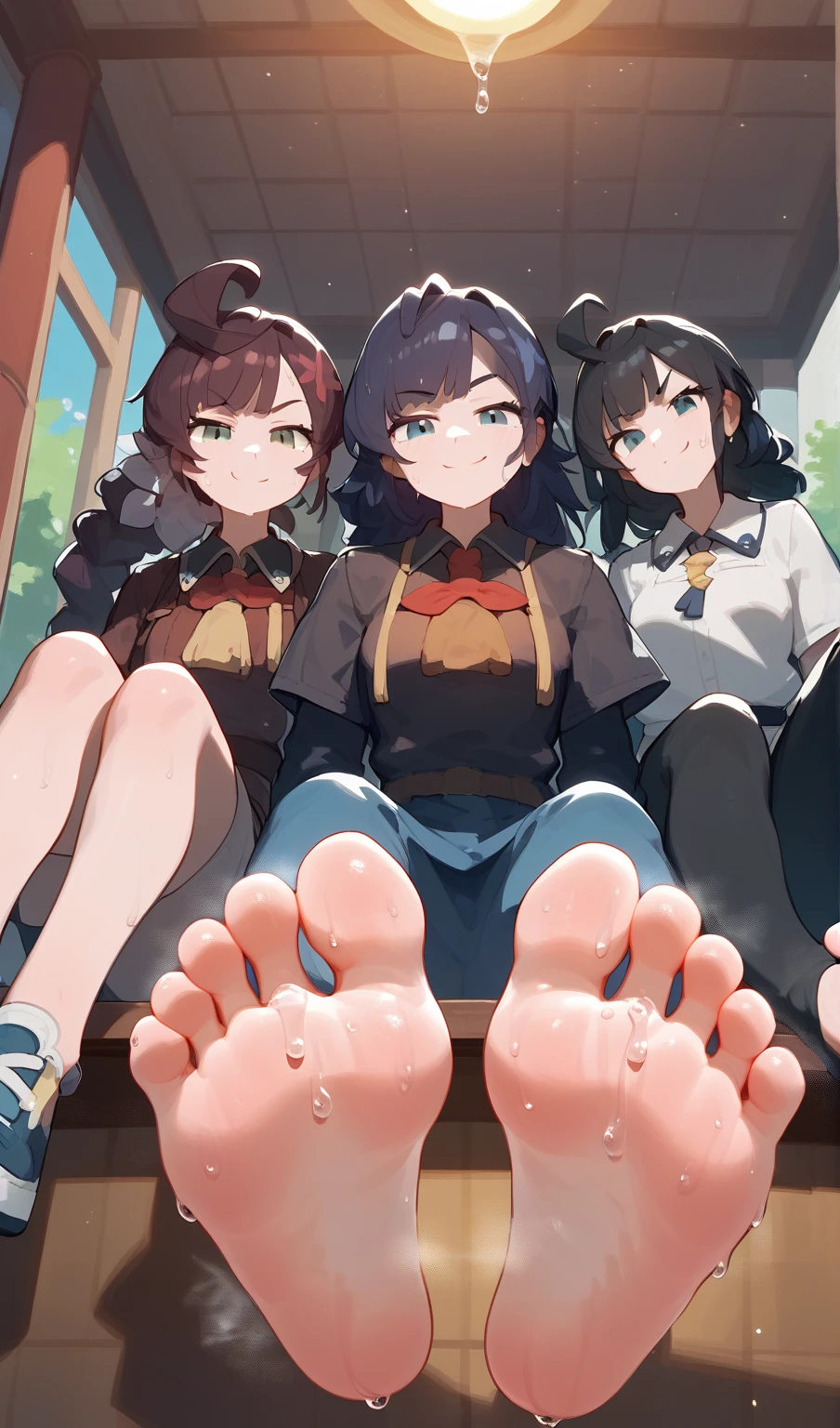 Three girls，wallpaper, best quality, Very detailed, masterpiece, Extremely detailed, illustration, Sky,Foot Focus, Smirk, barefoot,Stinky feet,Steam around feet,The soles of the feet are sweating a lot，Lots of water drops on the soles of feet，Water dripping from the soles of feet，Sweating all over，Sweating，Water dripping from the soles of feet