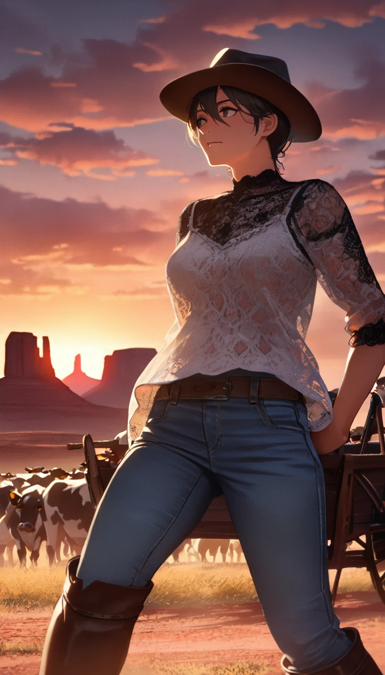 digital portrait, realistic depiction of the human body, RAW photo, one weasten cow girl, Security Officer, gentle gray eyes, plump lips, An ennui look, huge firm bouncing busts, Long brown hair, horse riding, (((Cowboy hat, 着古した茶色の革のSecurity Officerのジャケット, Lace shirt, Jeans short pants, Leather cowboy boots))), highest quality, super resolution, master piece:1.5, medium depth of field, 50mmlens, cinematic lighting, Backlight, professional photographer, , Monument Valley, vast ranch, Sunset, sunset, Herd of cows, Wagon, duel