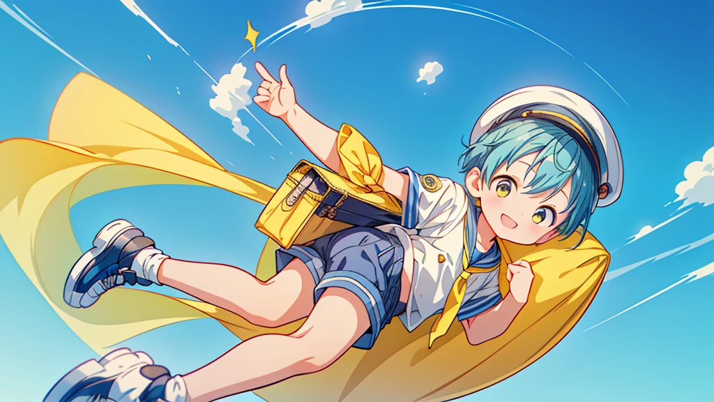 Chibi no Boy、(((Highest quality、Masterpiece、Official Art、The best dynamic composition)))、Anime Style、Very detailed、8K high resolution、The boy is carrying a rectangular yellow bag over his shoulder.、Navy blue sailor suit and navy blue shorts、White socks、Diamond Hat、Smiling happily、