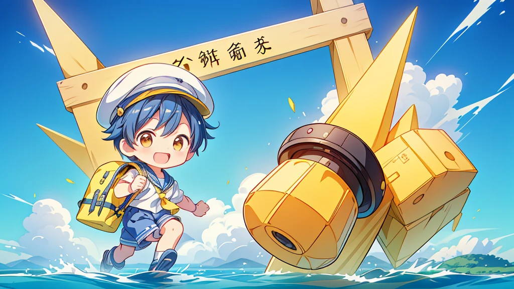 Chibi no Boy、(((Highest quality、Masterpiece、Official Art、The best dynamic composition)))、Anime Style、Very detailed、8K high resolution、The boy is carrying a rectangular yellow bag over his shoulder.、Navy blue sailor suit and navy blue shorts、White socks、Diamond Hat、Smiling happily、