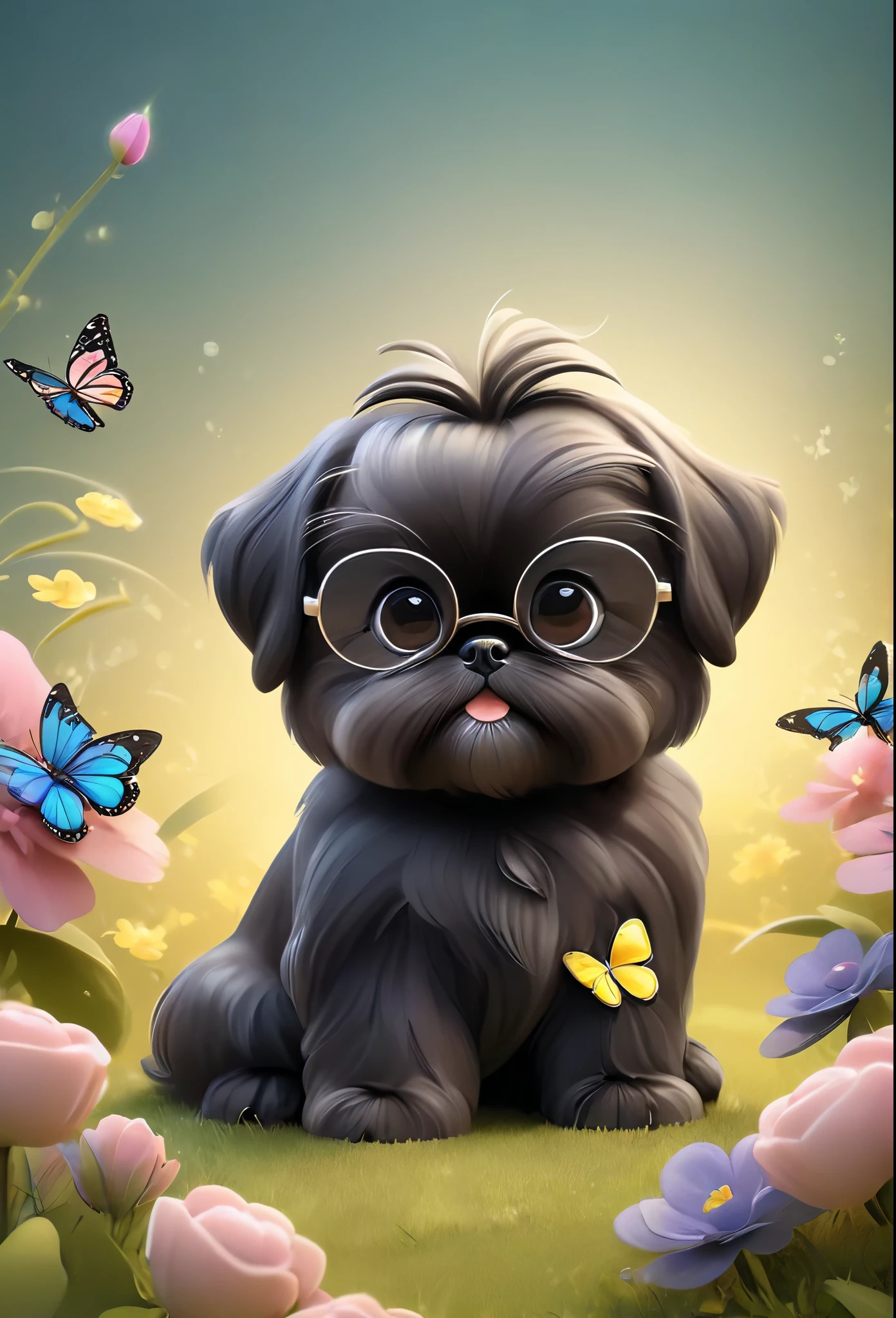 2 adorable very small very black Shih Tzu puppies wearing sunglasses playing at park butterflies and flowers in background 3D Pixar style