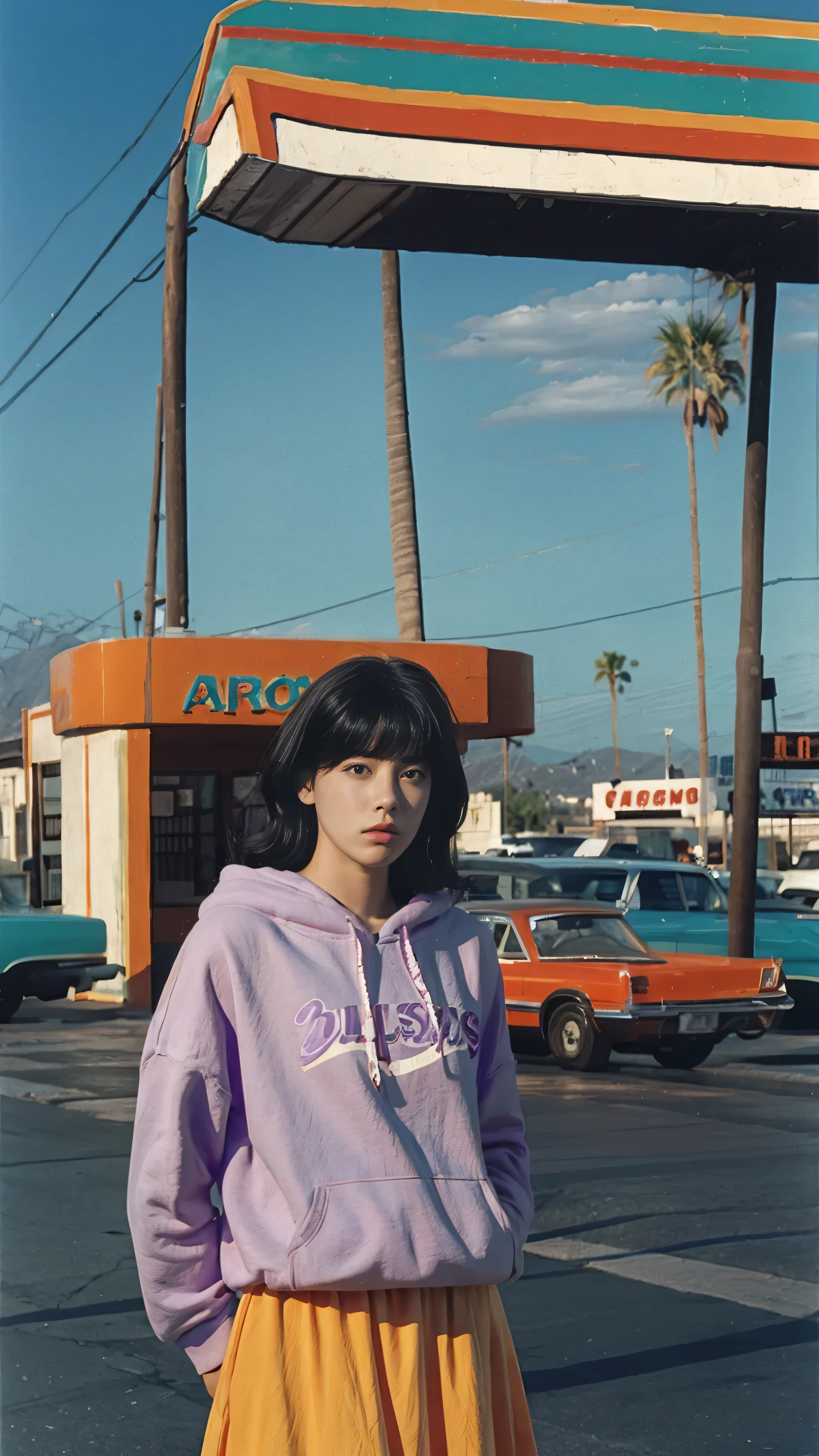 (medium long shot portrait) of cute 23 yo girl ,wear ((orange color oversized_hoodie)), wear ((purple tennis skirt)),looking front,Best Quality,Masterpiece,Ultra High Resolution,(Realisticity:1.4),Original Photo, 1Girl, light leak,ultra high resolution,UHD,beautiful, (black straight hair), almond eye, no makeup, in front of ((80's los angles colorful gas station)), (realistic:1.2), (surreal:1.3), (very detailed:1.1), ((masterpiece)),summer, blue sky, palm trees,sunny, los angles vibes,film camera, 800mm lens,style of Philip Lorca diCorcia