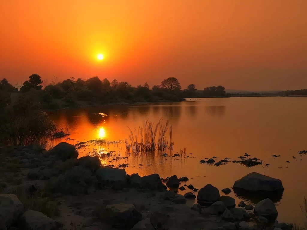 Sunset，Arav landscape with lake rocks and water, Sunset, Sunset Warm Spring, Sunset, Sparkling orange dawn, Warm and beautiful scene, Lake filled with molten gold, early Sunrise in the morning, early morning, the most beautiful sunset, Golden hour at dusk, Sunset time, beautiful sunrise lights, Sunrise in the morning