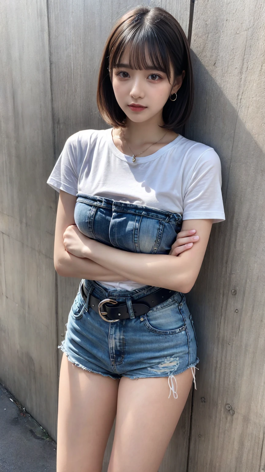 masterpiece, best quality, illustration, Super detailed, fine details, High resolution, 8K,wall paper, perfect dynamic composition, full body photo, leaning forward, crossed arms, (Details High quality, realistic depiction of eyes:1.3), 20 year old girl, Gravure Idol, cute type, huge breasts, short bob hair, black hair color, Korean style makeup, Big Natural Color Lip, thick thighs, perfect body shape, plump figure, White T-shirt with low exposure, denim short pants, Leather belt, necklace, earrings