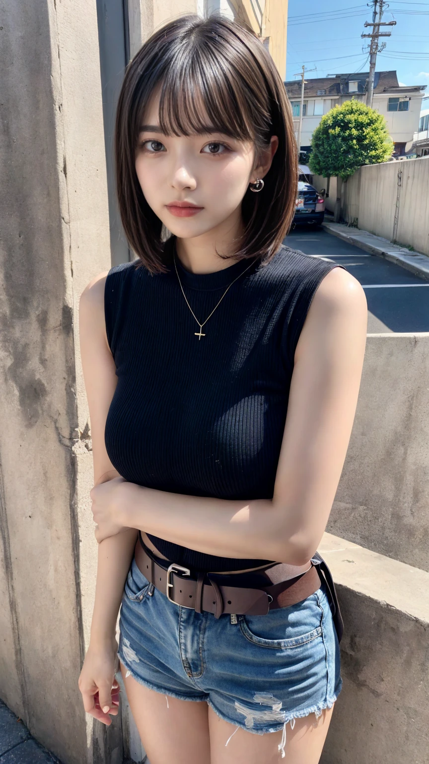 masterpiece, best quality, illustration, Super detailed, fine details, High resolution, 8K,wall paper, perfect dynamic composition, full body photo, leaning forward, crossed arms, (Details High quality, realistic depiction of eyes:1.3), 20 year old girl, Gravure Idol, cute type, huge breasts, short bob hair, black hair color, Korean style makeup, Big Natural Color Lip, thick thighs, perfect body shape, plump figure, White T-shirt with low exposure, denim short pants, Leather belt, necklace, earrings