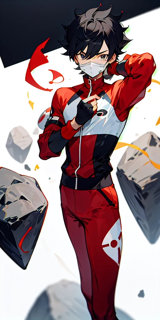 16 Year old guy, short black hair, white mask with black question mark on it, light skin, rock type trainer, Pokemon trainer outfit, dark red outfit, shy